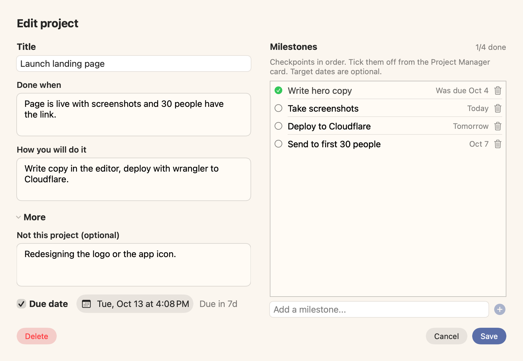 Editing a project: what done looks like, how you will do it, and milestones with target dates