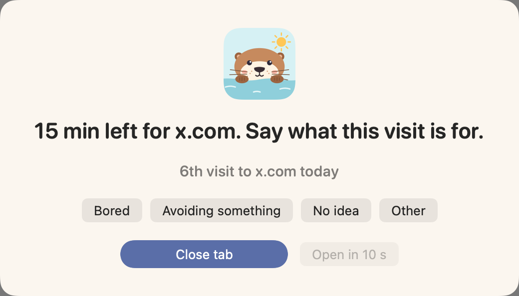 Site Guard on x.com: 15 min left, 6th visit today, pick a reason or close the tab